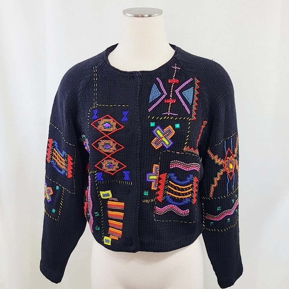 Vintage 70s 80s beaded cardigan sweater abstract southwestern rainbow sz medium